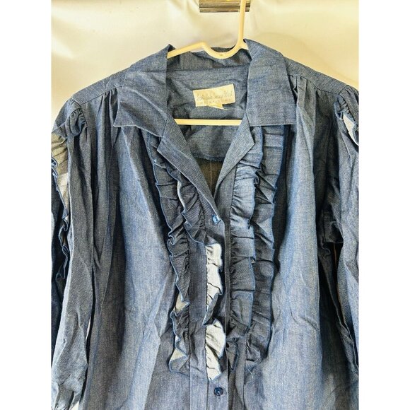 VTG 80s Frilly Ruffled Denim Jean Button Blouse Shirt USA Western - Picture 3 of 9